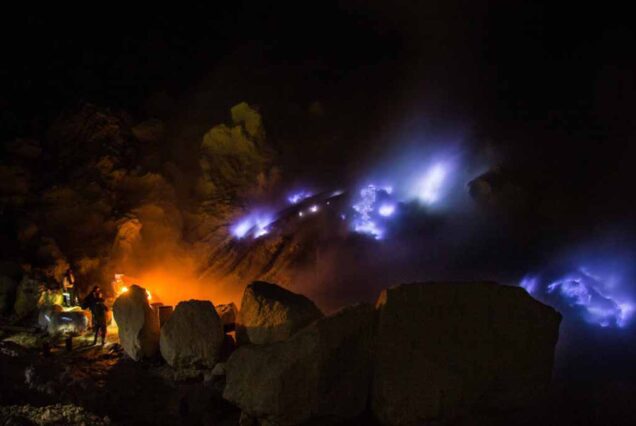 The miners during the blue fire of Ijen crater